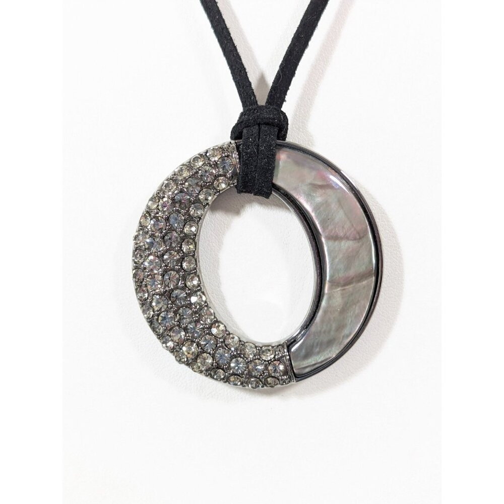 Lia Sophia Gray Shell Rhinestone Round Pendant Necklace Black Cord Beach Boho